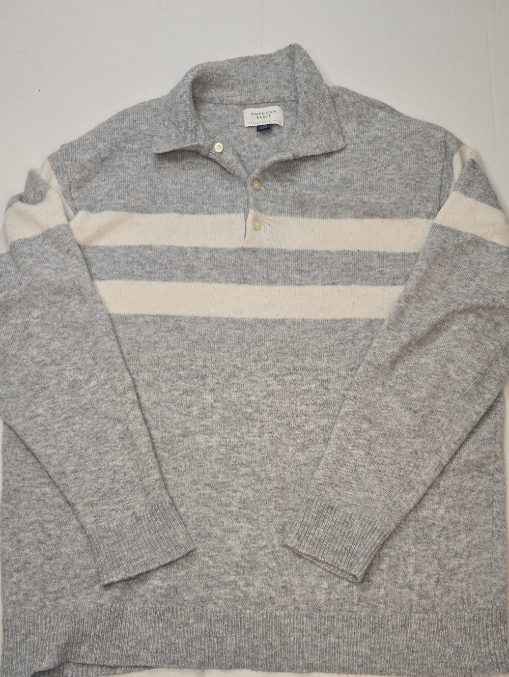 Y2K American Eagle Outfitters Gray & Cream Striped Wool Blend Polo Sweater